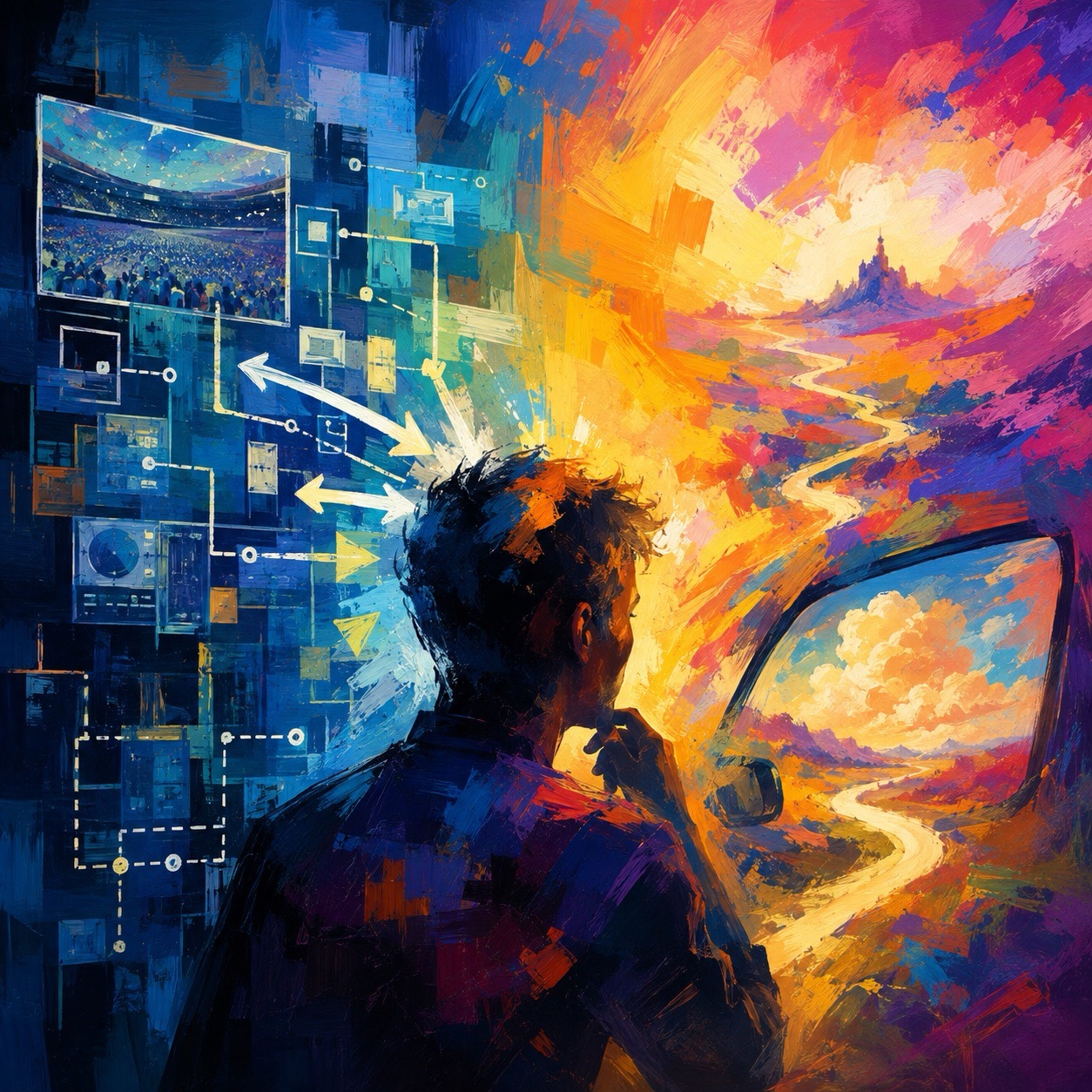 Abstract painting of a silhouetted figure studying a glowing network of interface panels beside a car windshield, warm and cool colors meeting