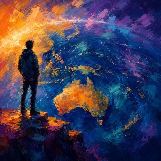 Abstract painting of a silhouetted figure standing on a rocky outcrop, looking out over a swirling ocean that blends into a map of Australia