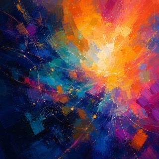 Abstract painting of a radiant burst of warm and cool colors with fine glowing lines and points radiating outward