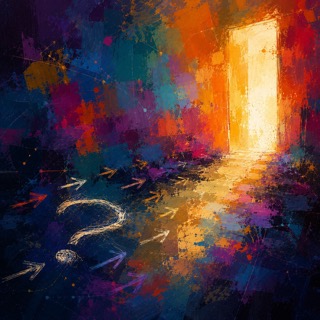 Abstract painting of a warm radiant burst at the center of geometric color blocks, with faint circular lines and a dark vertical silhouette